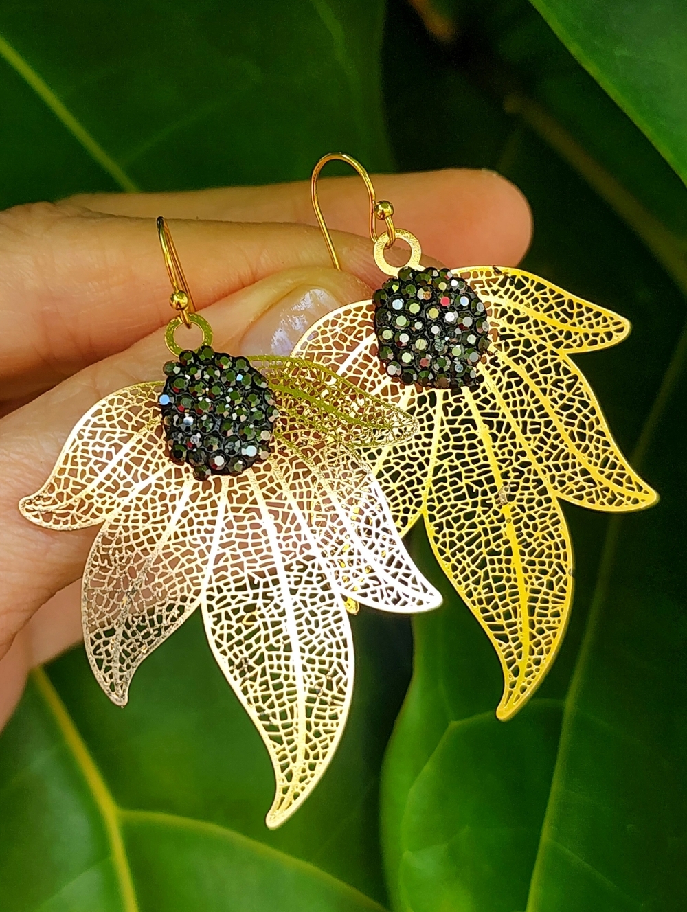 Lightweight Earrings Gold Leaf Pave Crystal Hypoallergenic 14K Gold Plated